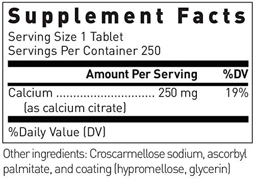 Close-up of bottle showing 250 mg elemental calcium per tablet