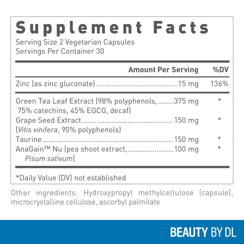 Key ingredients of Hair Growth+: grape seed and green tea polyphenols, zinc, and taurine