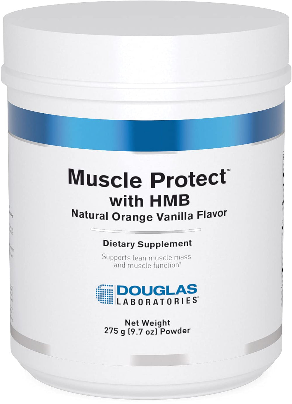 Douglas Laboratories Muscle Protect with HMB bottle on shelf supports lean muscle maintenance during training.