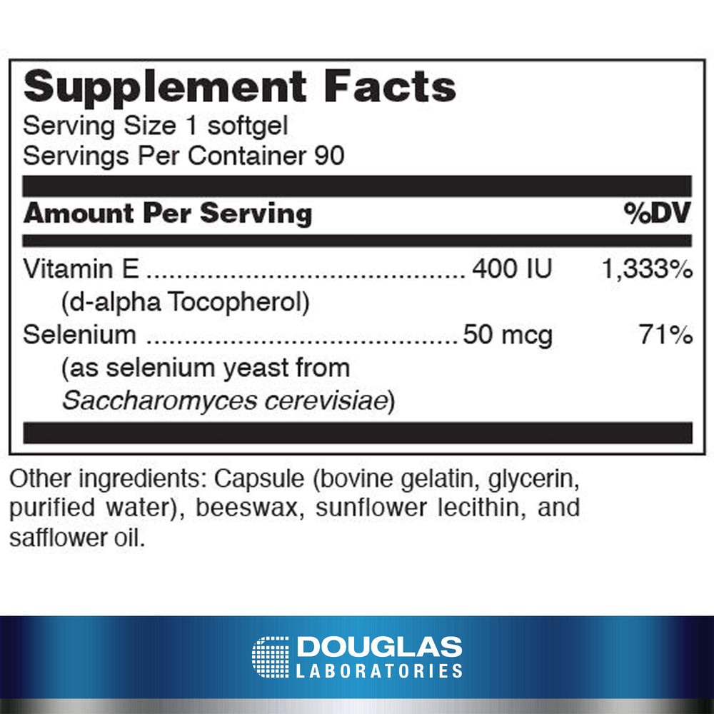 Nutrition facts label for Douglas Laboratories Selenium + Vitamin E