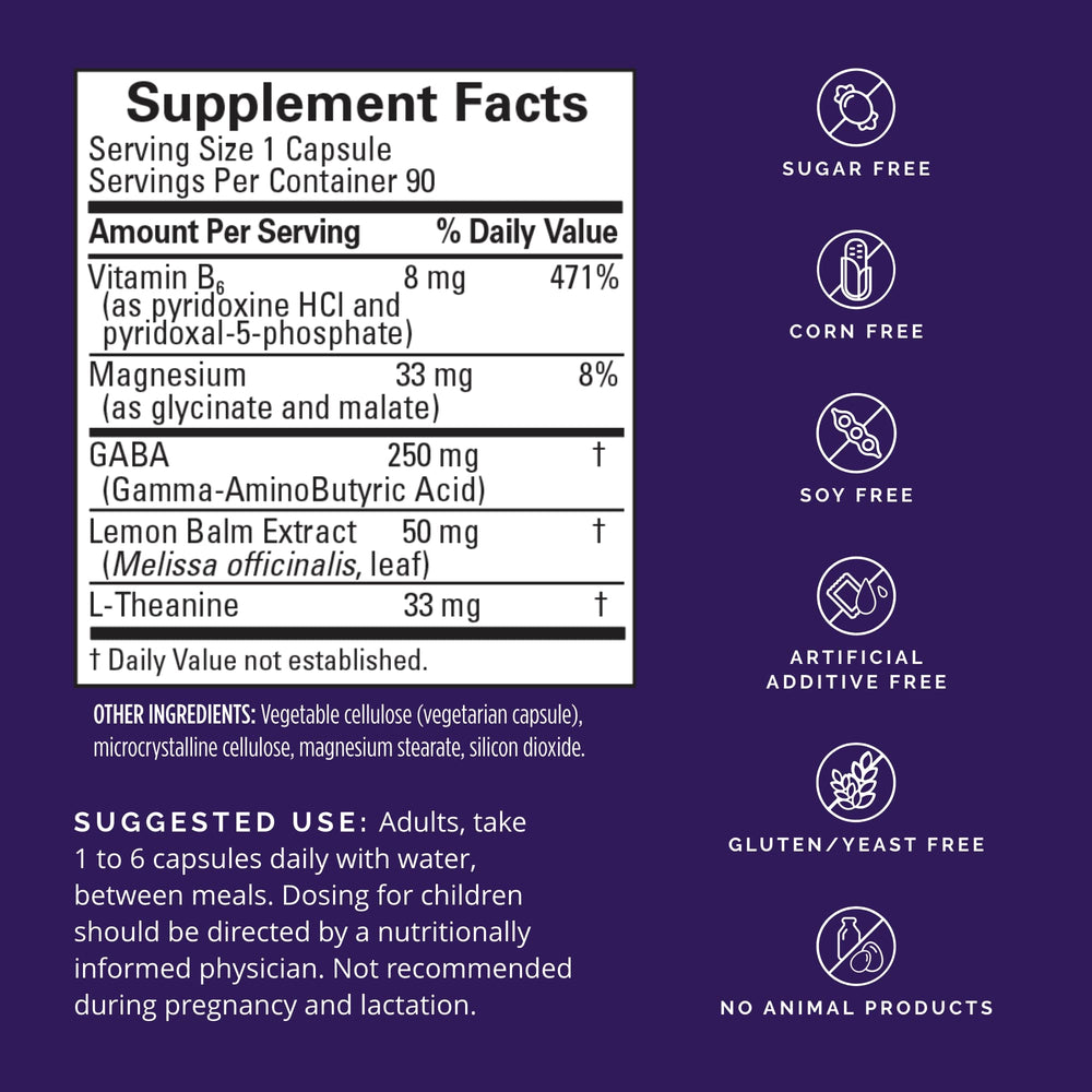 Close-up of GABA calming support capsules