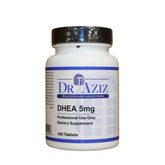 Front view of Dr Aziz DHEA 5mg supplement bottle