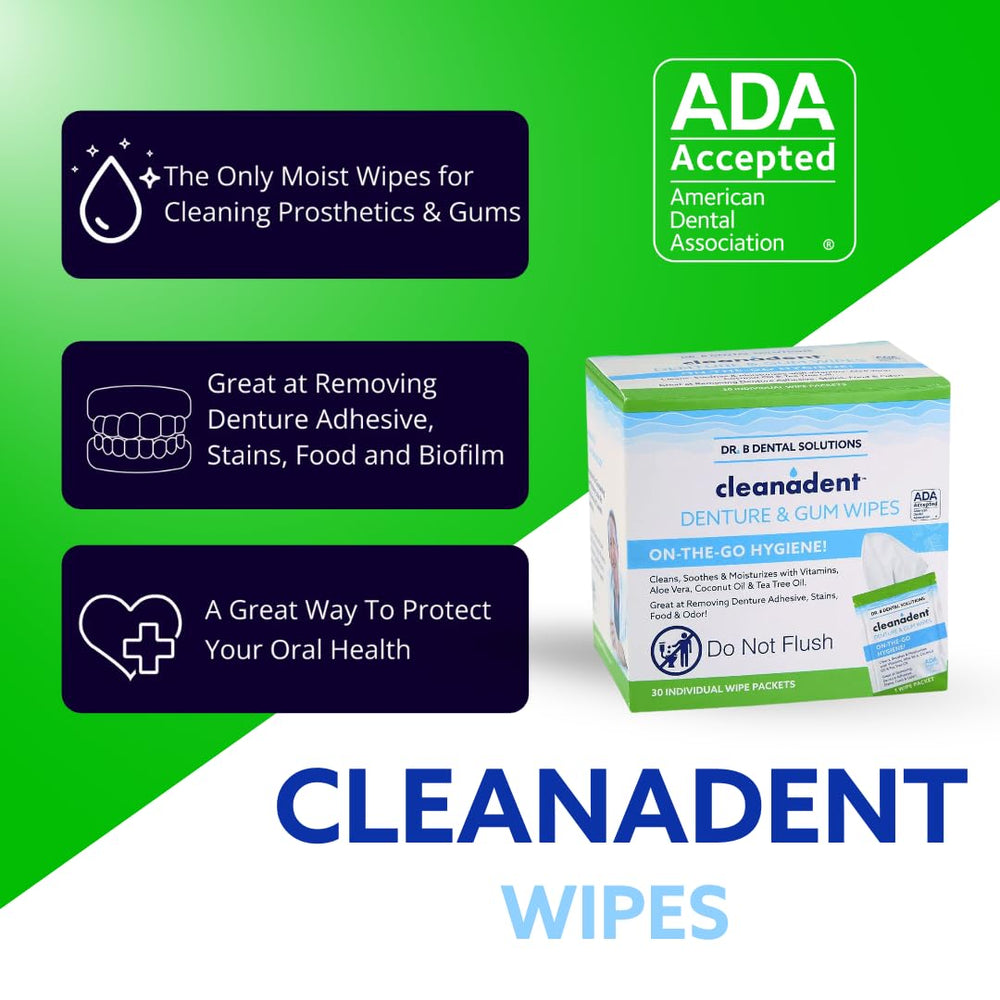 Pocket-sized Cleanadent Wipes shown as travel-friendly pack