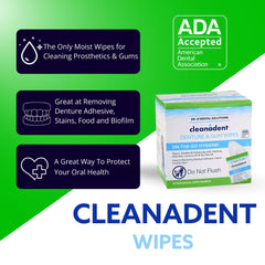 Pocket-sized Cleanadent Wipes shown as travel-friendly pack