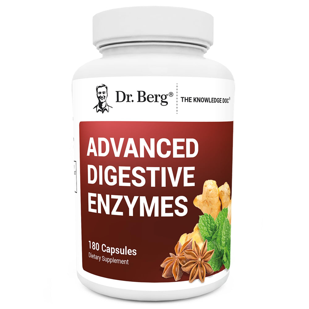 Bottle of Dr. Berg Advanced Digestive Enzymes with Apple Cider Vinegar on a white background