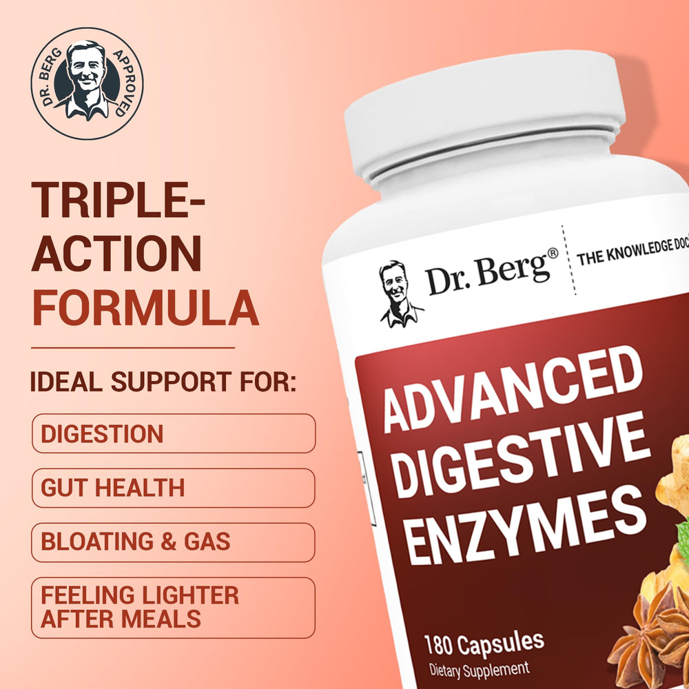 Close up of Dr. Berg Digestive Enzymes bottle and capsules