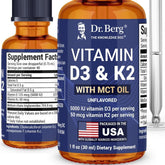 Front view of Dr. Berg D3 K2 liquid drops bottle