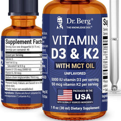 Front view of Dr. Berg D3 K2 liquid drops bottle
