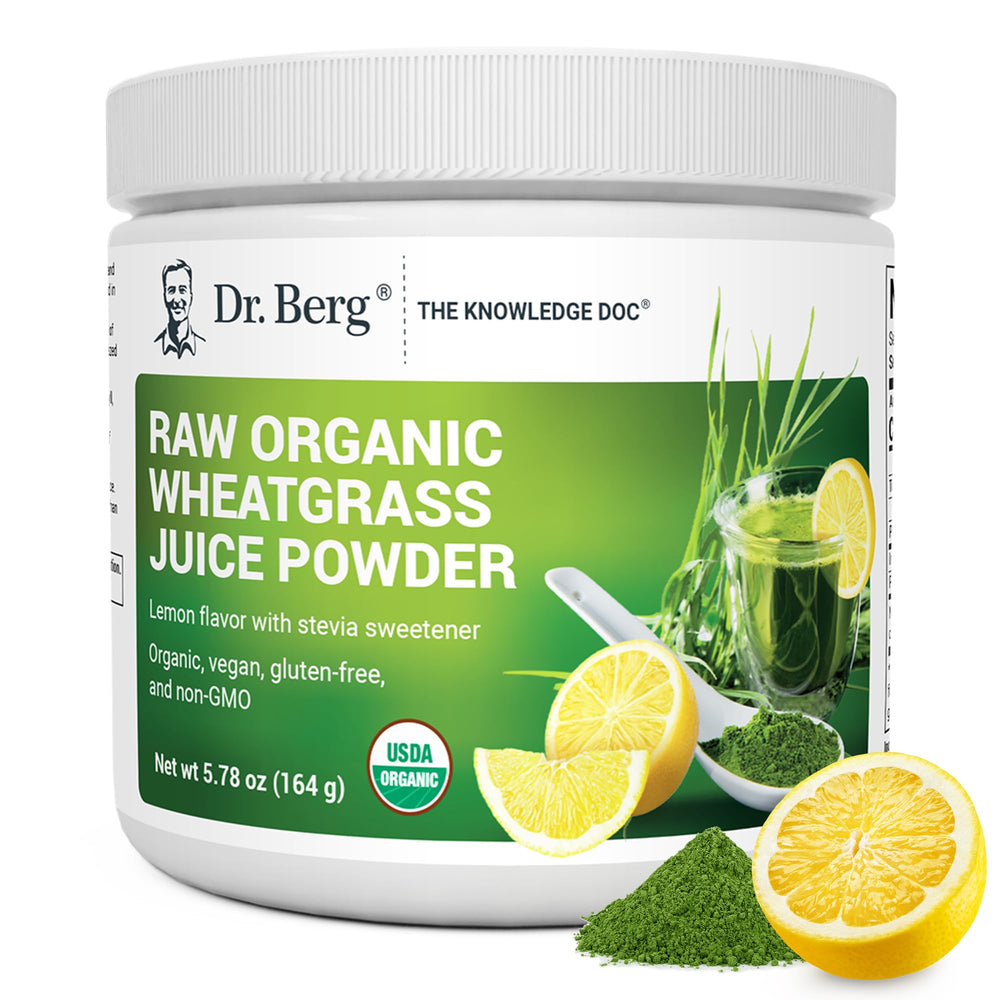 Dr. Berg Organic Green Powder Lemon packaging with scoop
