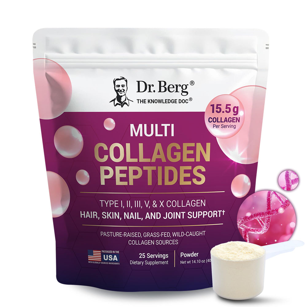Dr. Berg Multi Collagen Peptides bottle shows grass-fed and wild-caught sources supporting skin and joints.