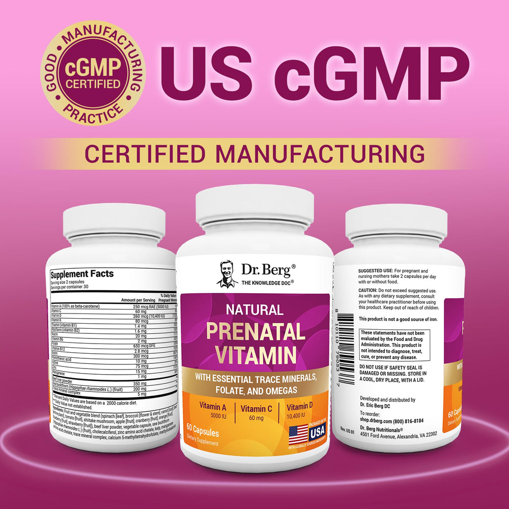 Close-up of Dr. Berg prenatal vitamin capsules