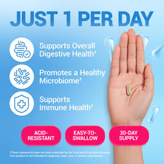Graphic showing 10 probiotic strains and 4 prebiotics