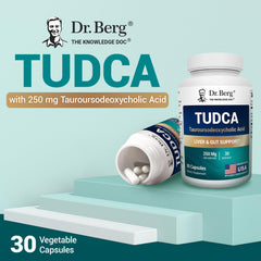 Pouring Dr. Berg TUDCA bottle suggests easy daily intake.
