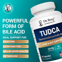 Closeup of Dr. Berg TUDCA capsules for daily liver support.