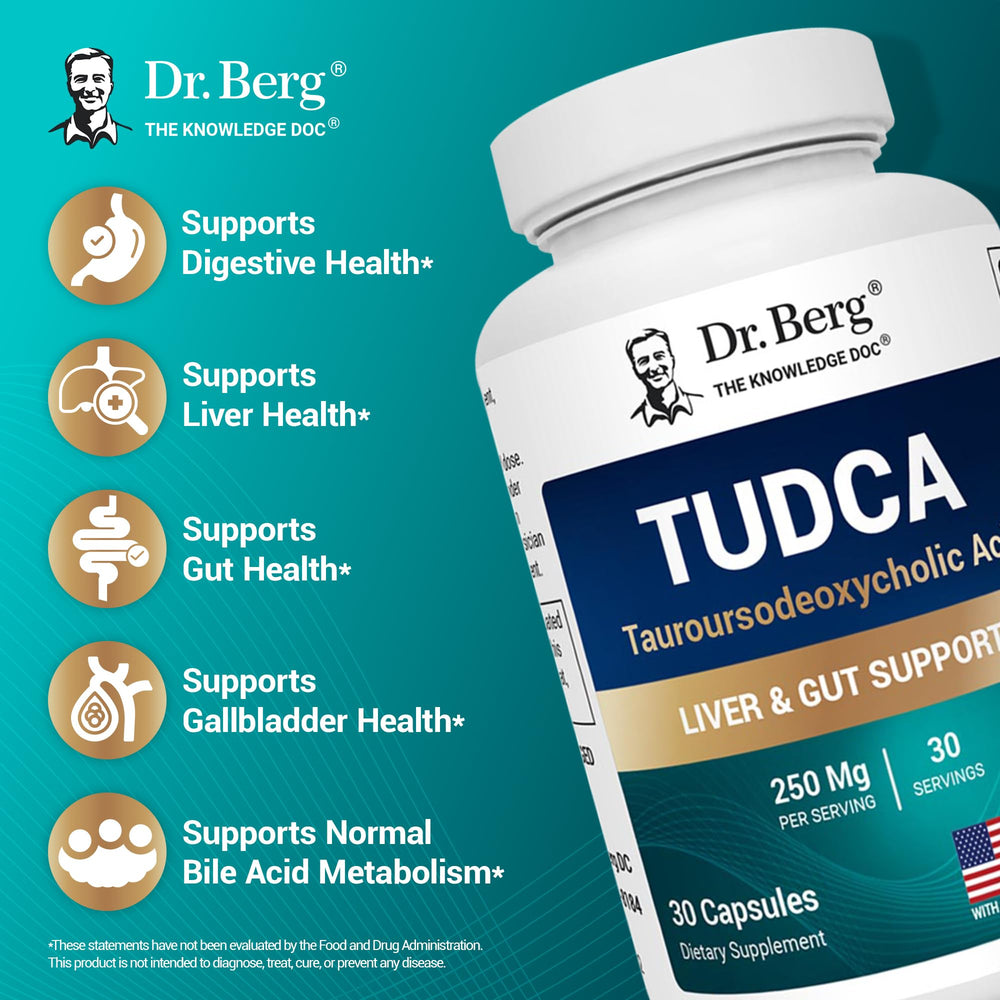 Close-up of Dr. Berg TUDCA label showing 250 mg per serving
