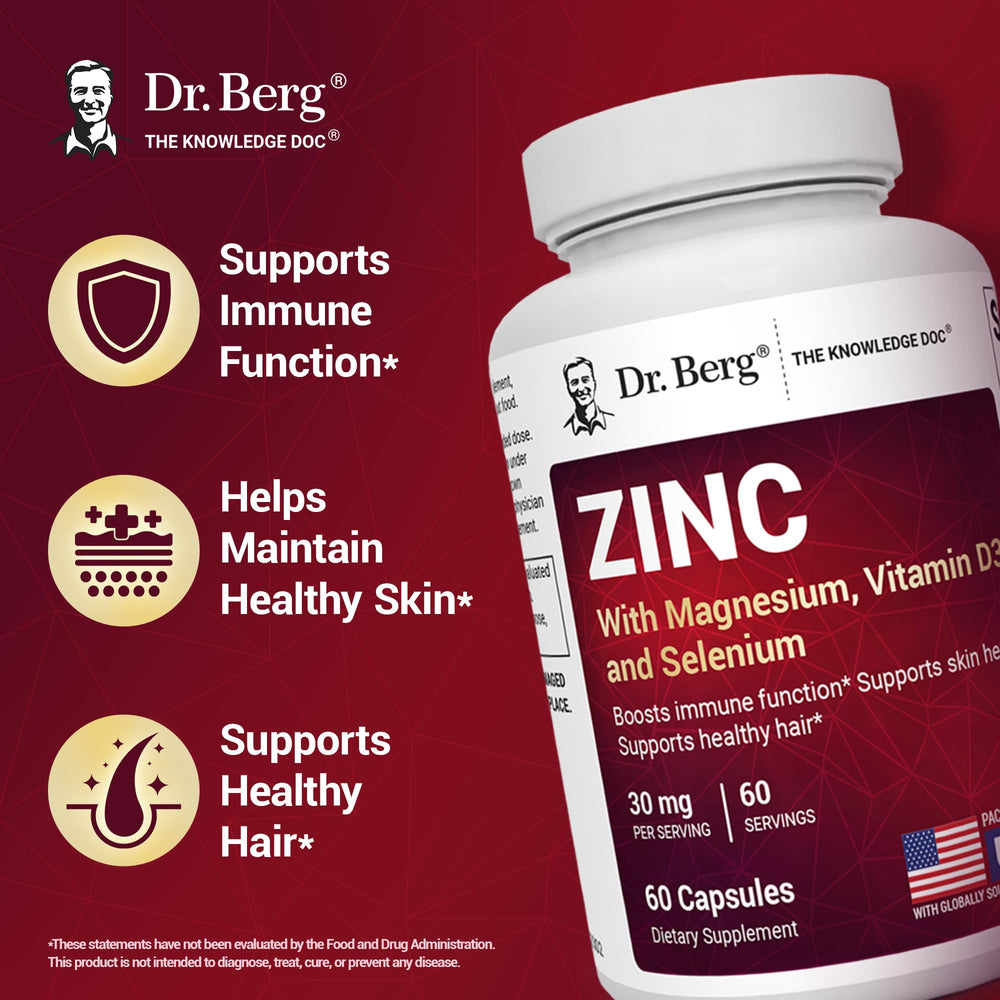Dr. Berg Zinc capsules with copper and selenium imagery for balance.