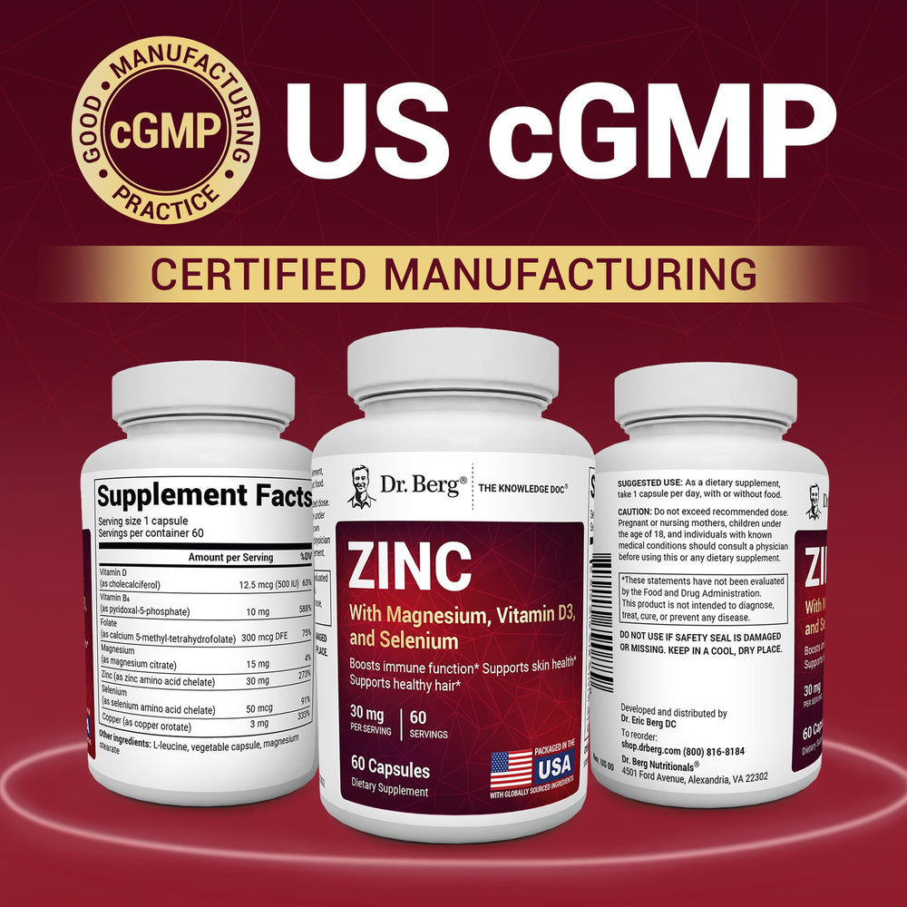 Fresh produce and supplements suggest daily wellness routine with Dr. Berg Zinc.