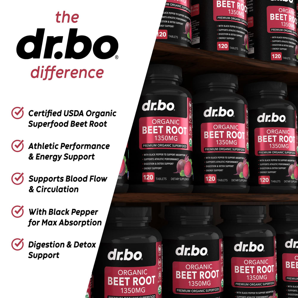 DR. BO bottle with label highlighting natural ingredients for everyday nitrogen-oxide and focus support.