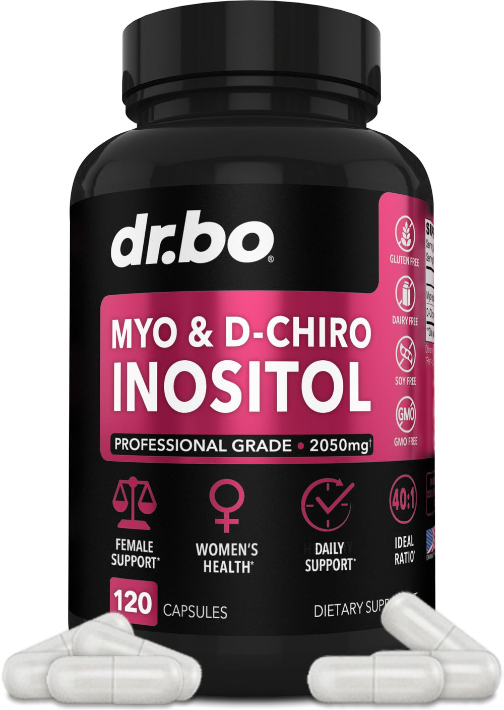 DR. BO front packaging showing supplement branding and 120 capsules benefit clear labeling