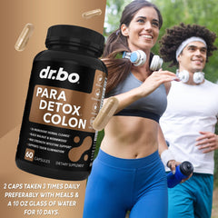 DR. BO gut-detox scene with capsules and leaves suggests accessible detox support