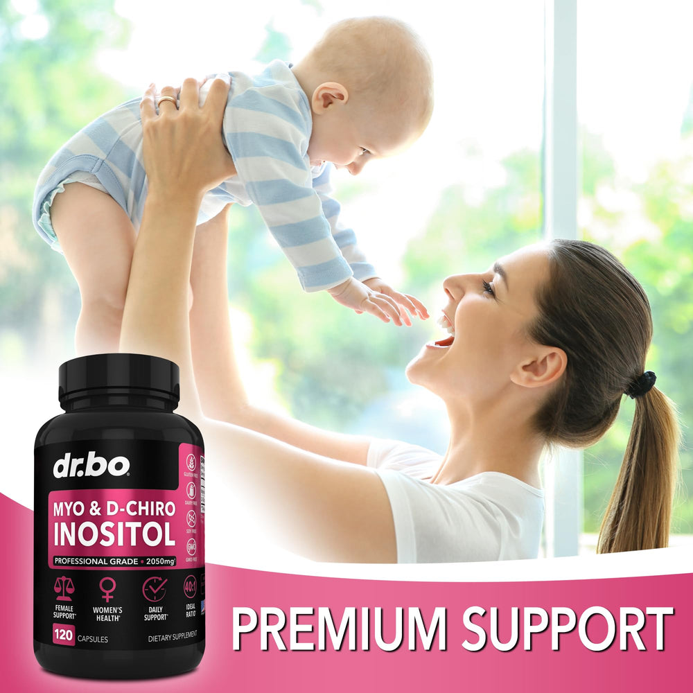 DR. BO label zoom on ingredient list showing 40:1 myo to d‑chiro ratio benefit clarity