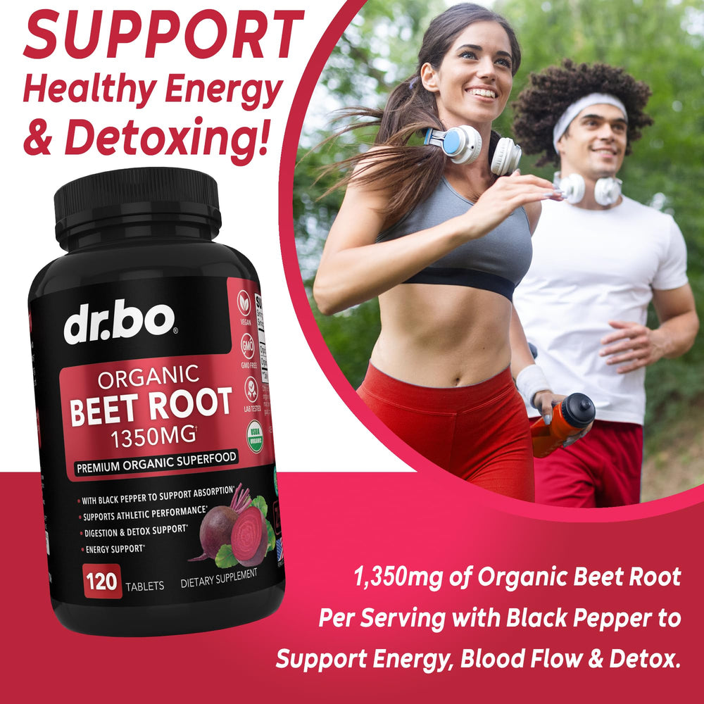 DR. BO organic beet root powder tablets edge showing easy-to-take red capsules for daily vitality.