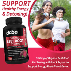 DR. BO organic beet root powder tablets edge showing easy-to-take red capsules for daily vitality.