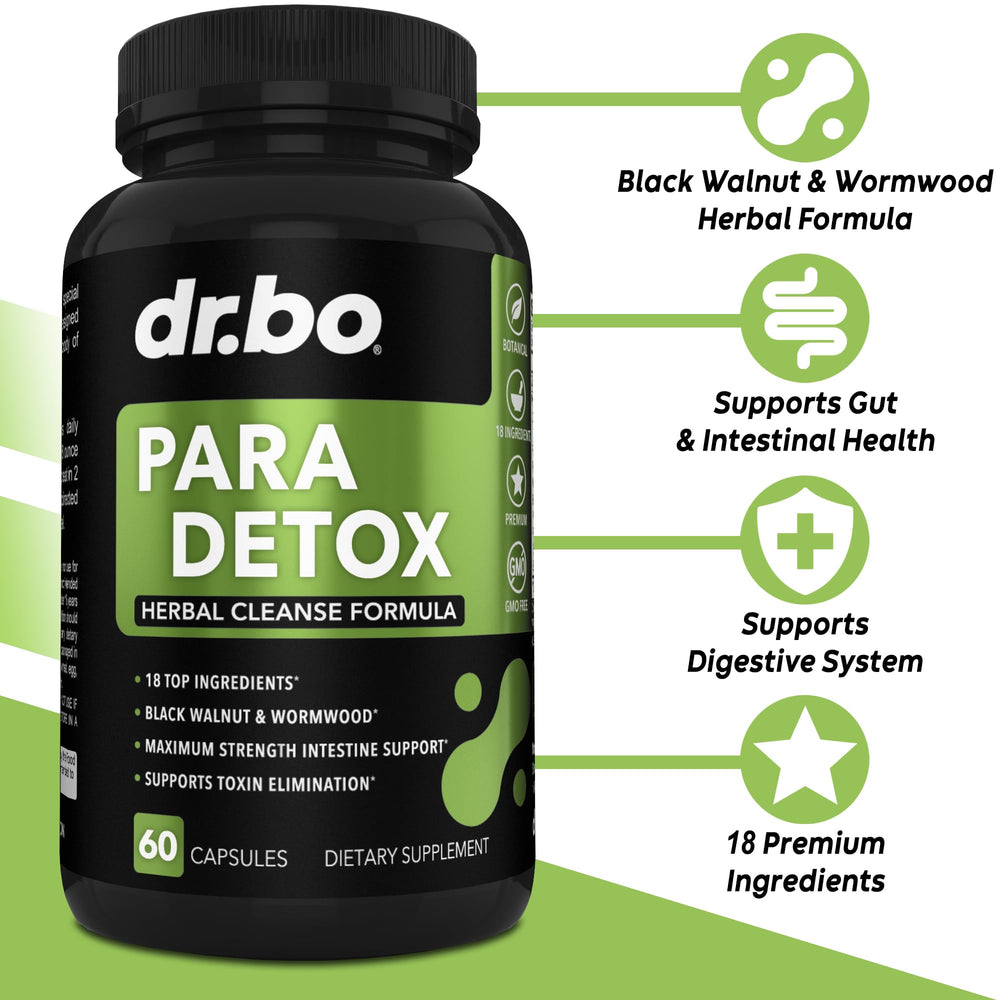 DR. BO para Cleanse ingredients glass scene showcases herbal blend for gut balance.