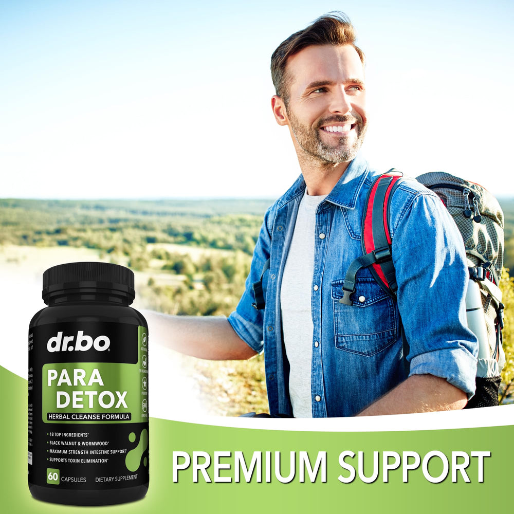 DR. BO para Cleanse label detail emphasizes wormwood and black walnut among key ingredients.