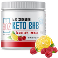 Dr. Boz Keto BHB Powder Raspberry Lemonade canister with scoop