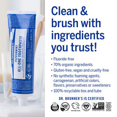 Product box showing Dr. Bronner's All-One toothpaste 4-pack