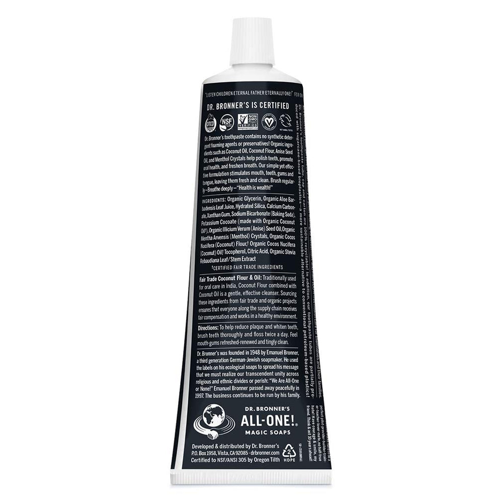 Label highlighting 70% organic ingredients on Dr. Bronner's toothpaste