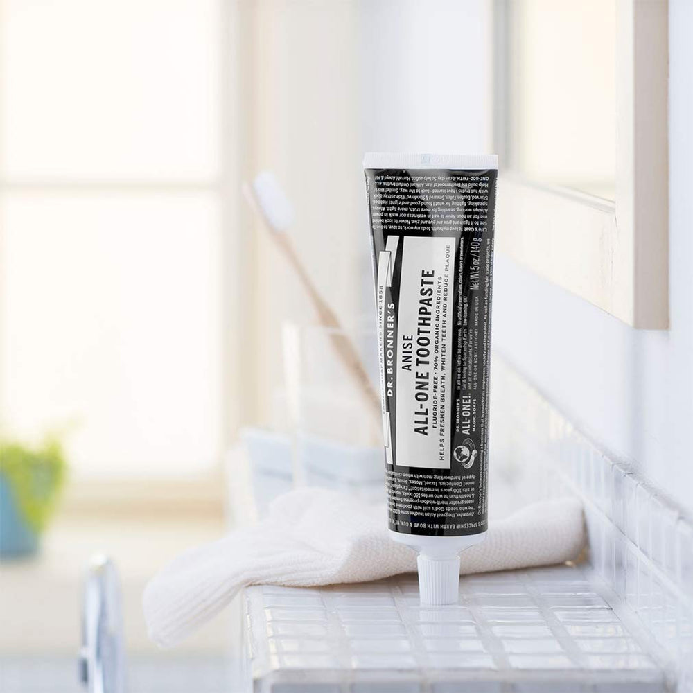 Three-pack display of Dr. Bronner's All-One Toothpaste Anise 5 oz