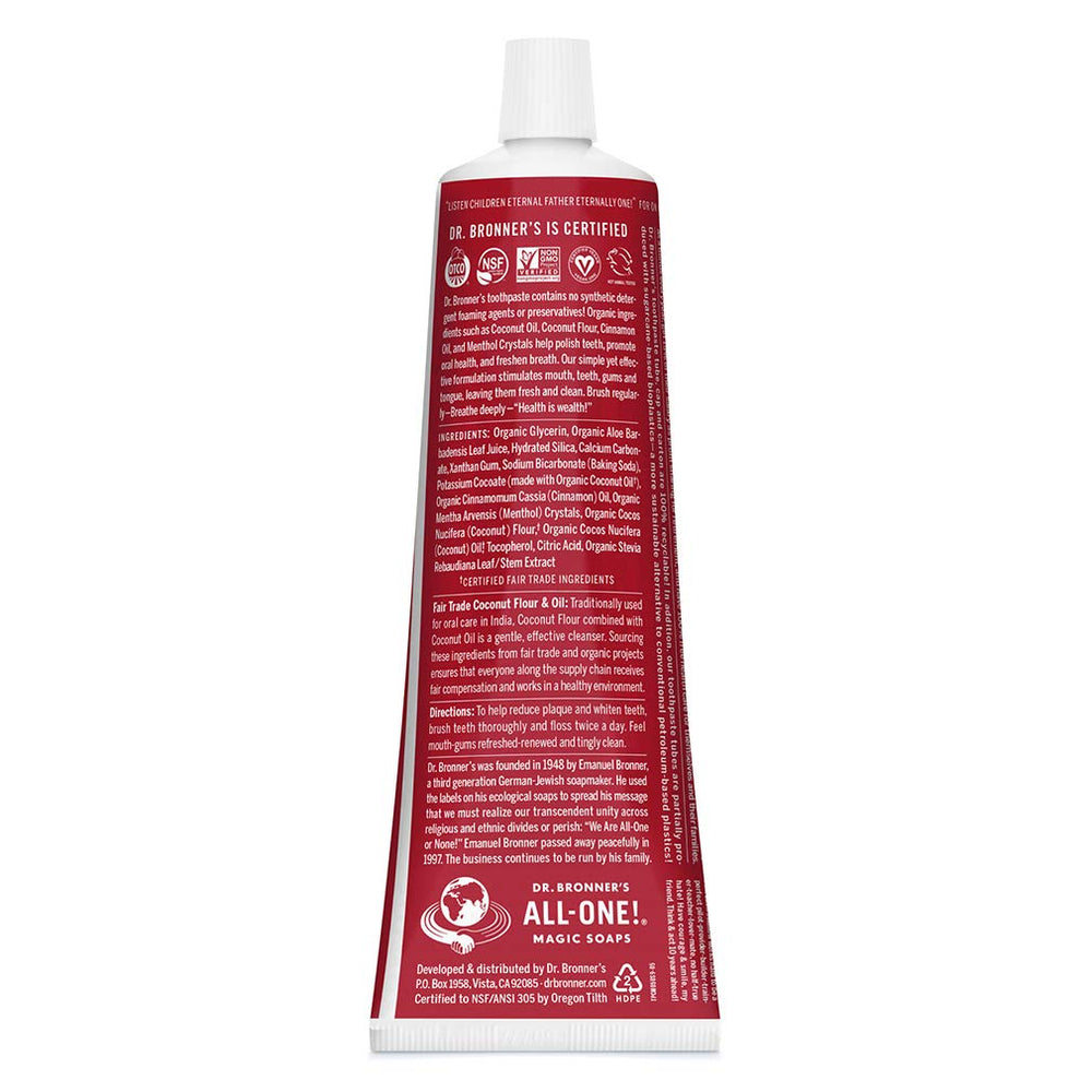 Close-up of Dr. Bronner's All-One Toothpaste Cinnamon tube