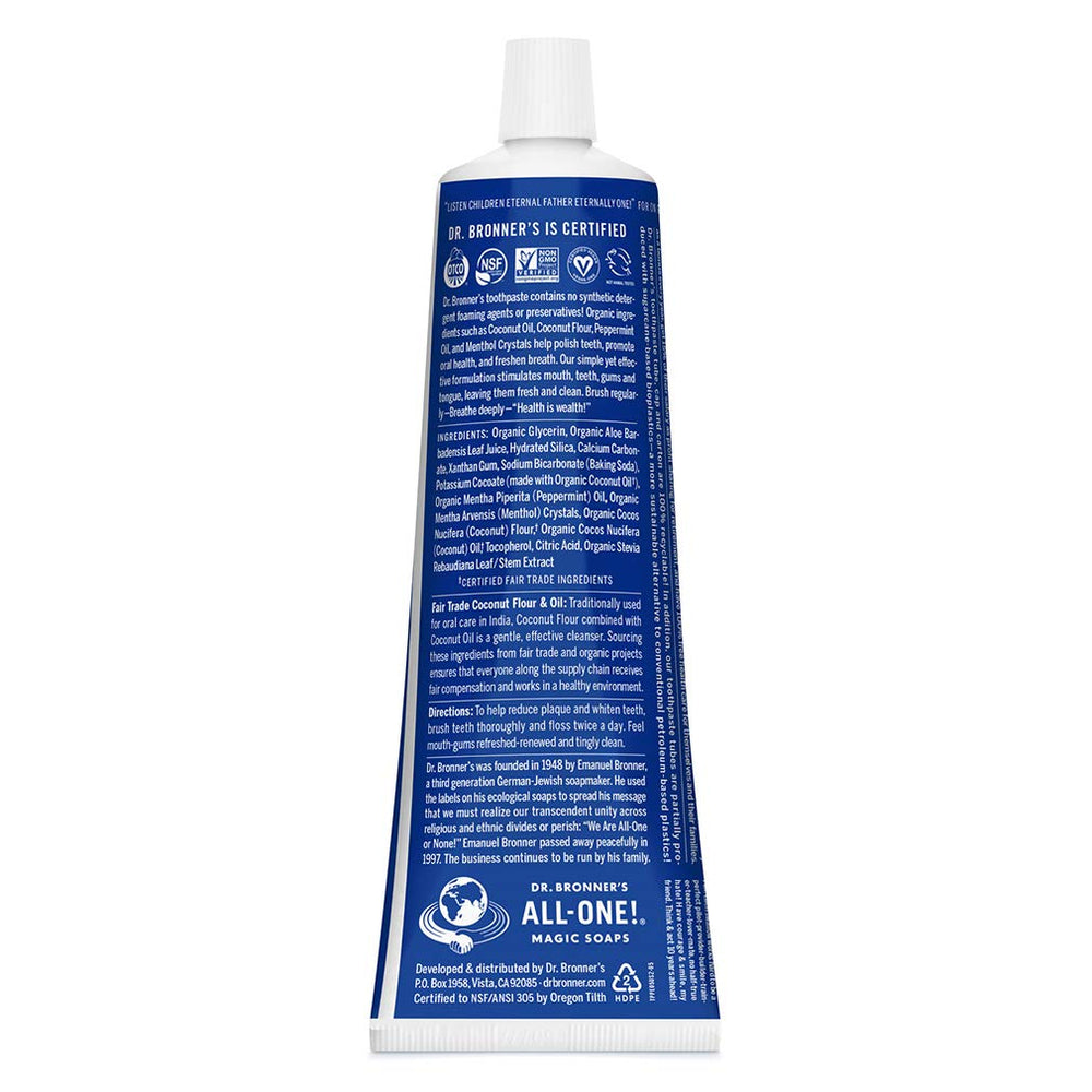 Packaging for Dr. Bronner's All-One Toothpaste Peppermint 5 oz
