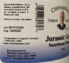 Label for Dr. Christopher's Nourish Jurassic Green Powder showing ingredients and organic certification