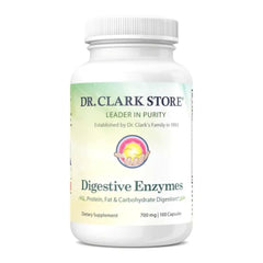 Bottle and packaging of Dr. Clark Digestive Enzymes 700mg, 100 capsules