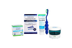 Front view of Dr. Dental Solutions Complete Denture Care Kit with Ultrasonic Cleaner and Powdered Crystal Soak