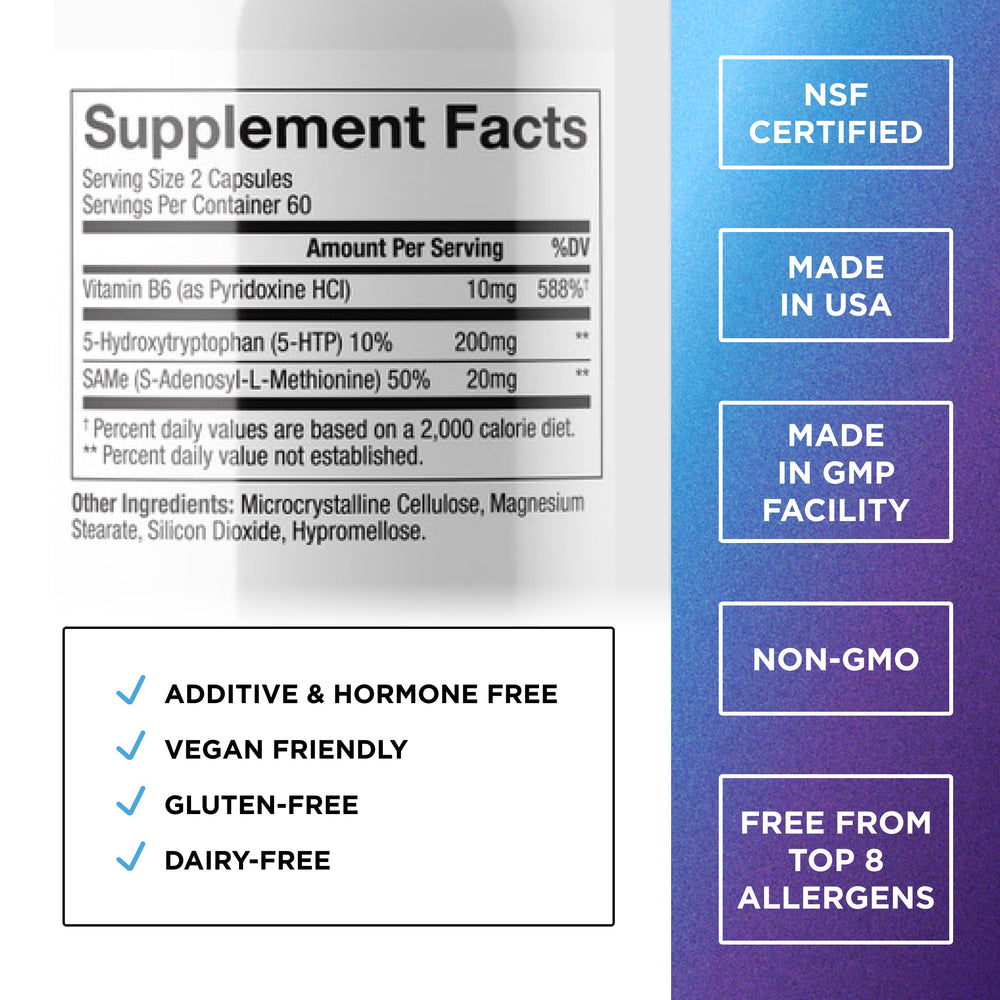 Close-up of 5-HTP Plus SAM-e and Vitamin B6 ingredients
