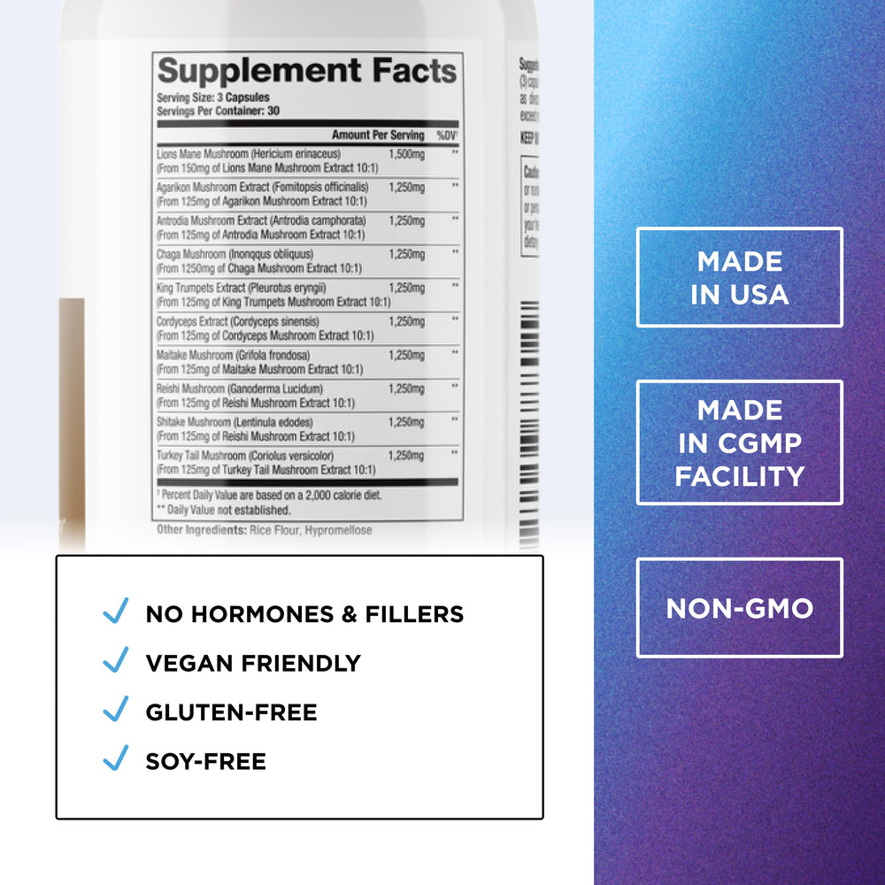 Close-up of the 10 mushroom blend capsule contents