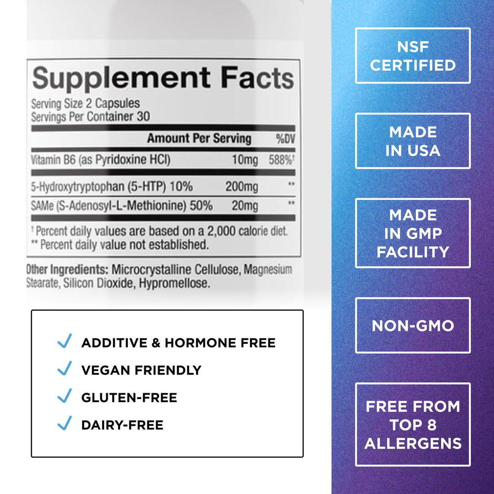 Close-up of DR. EMIL Nutrition 5-HTP Plus SAM-e bottle, 60 capsules