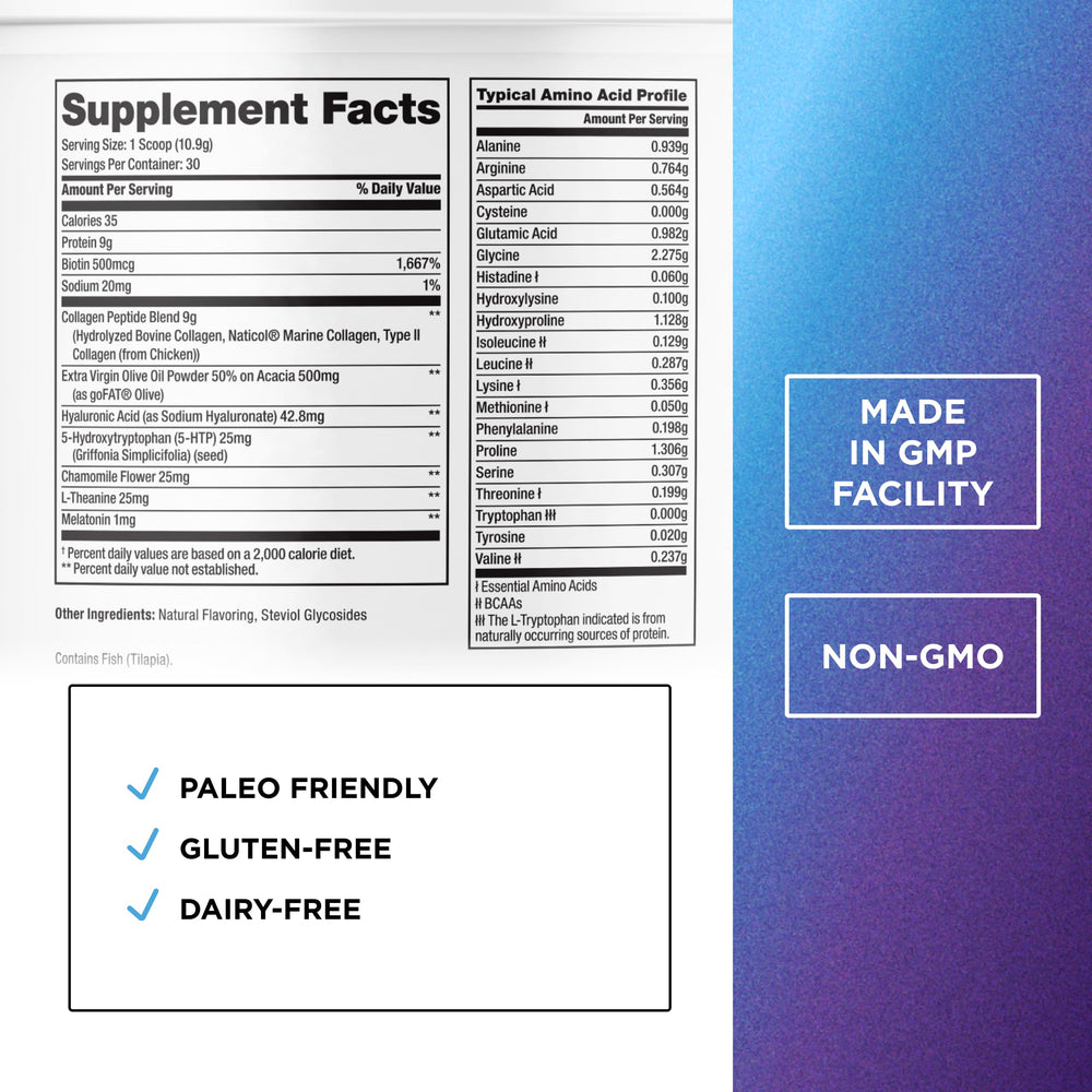 Collagen powder with imagery highlighting hair, skin, and nails benefits