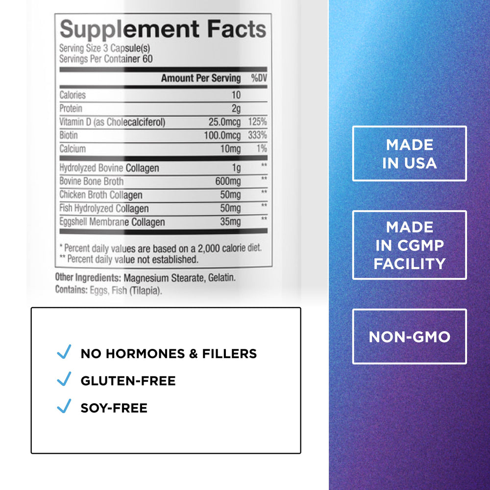 Close-up of collagen peptide capsules and vitamins