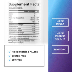 Close-up of collagen peptide capsules and vitamins