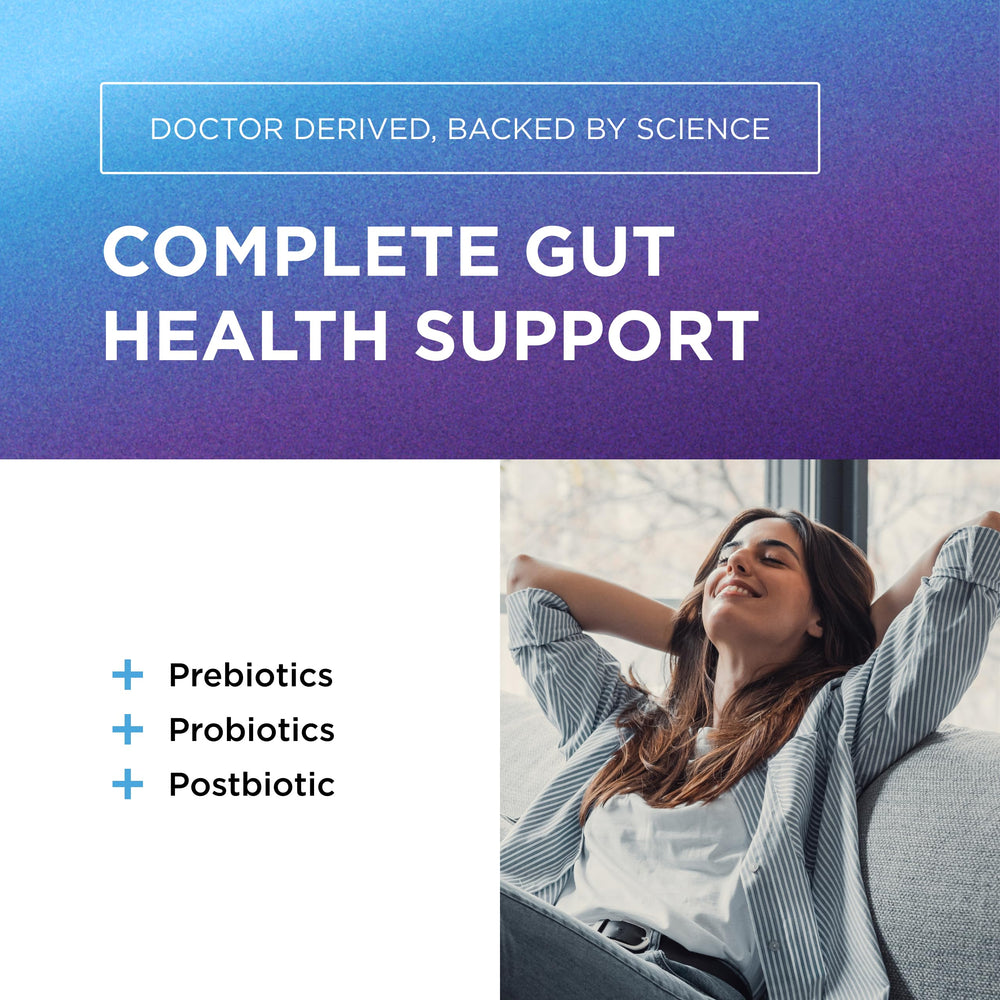 Close-up of Total Gut Health Complex bottle and capsules