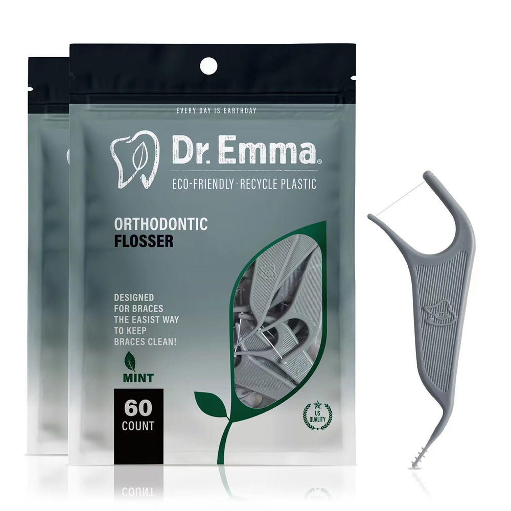 Dr. Emma Orthodontic Flossers for Braces with mint flavor and gray handle, 60 count per bag