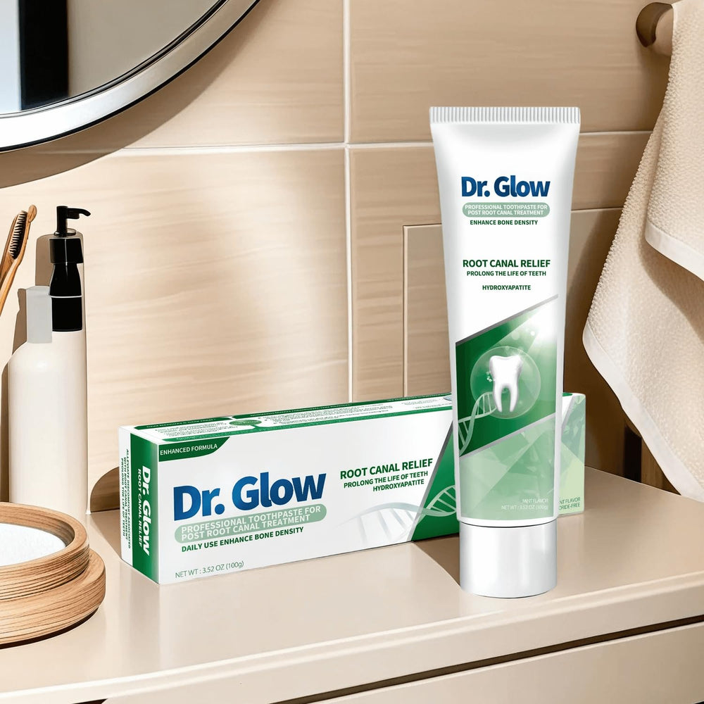 Toothbrush with Dr Glow toothpaste after root canal treatment