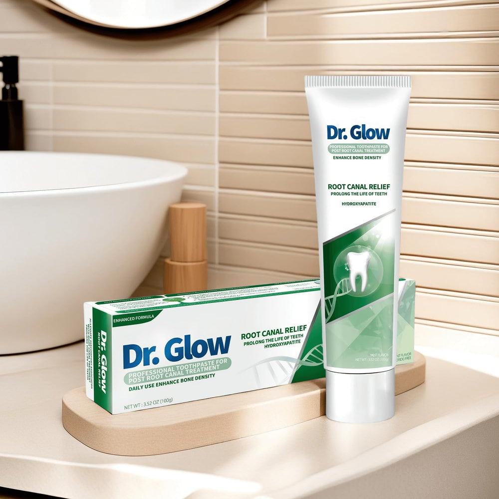 Remineralizing toothpaste bottle on bathroom counter