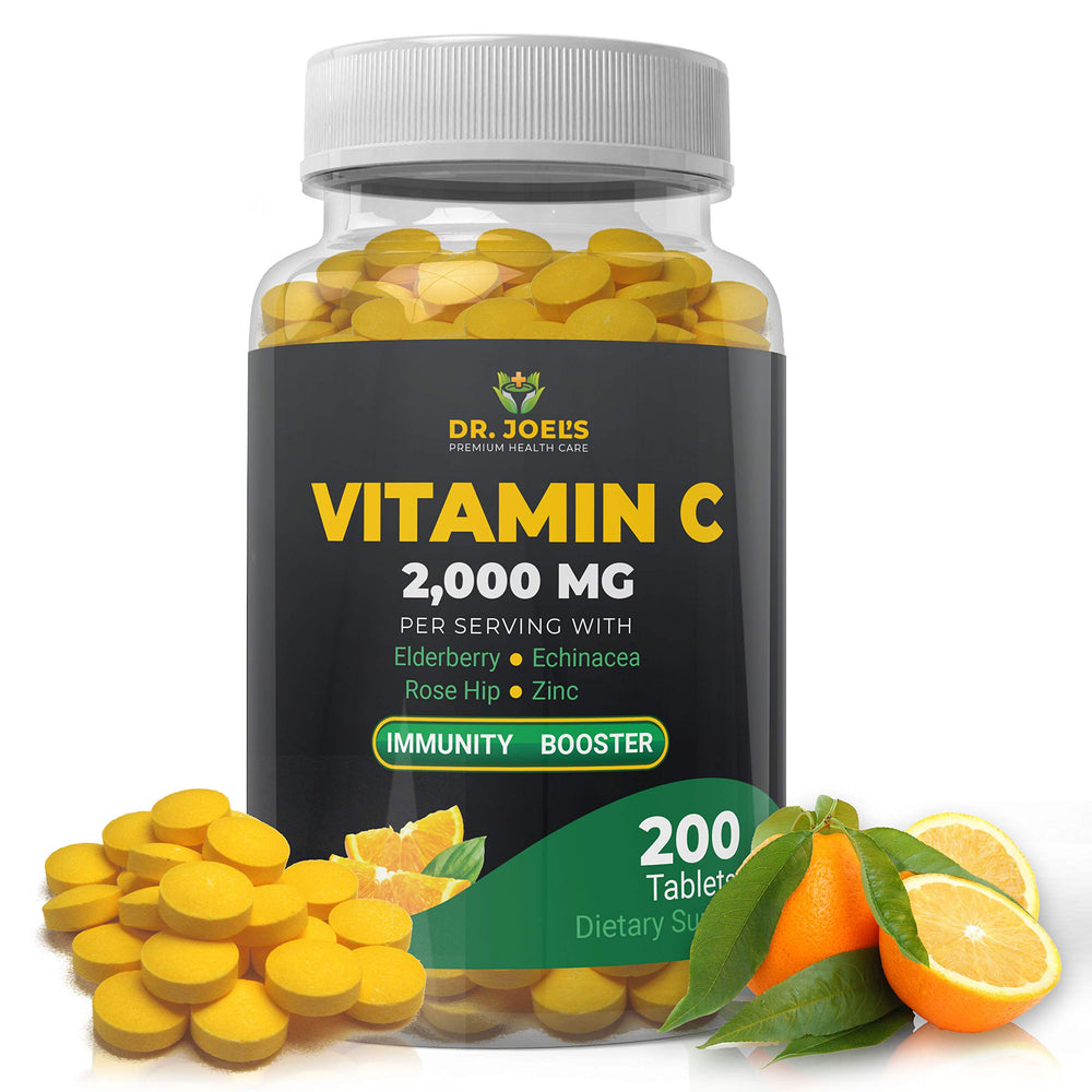 Front view of Dr. Joel's Immune Support Vitamin C 2000 mg bottle (200 tablets)