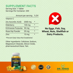 Ingredients and key nutrients of Dr. Joel's Vitamin C 2000 mg formula